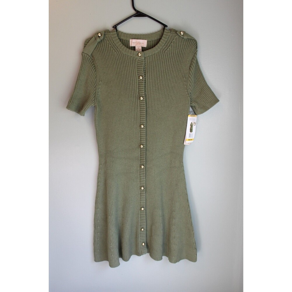 French Connection Sweater Dress Ribbed Knit Texture Gold Buttons Womens Size M